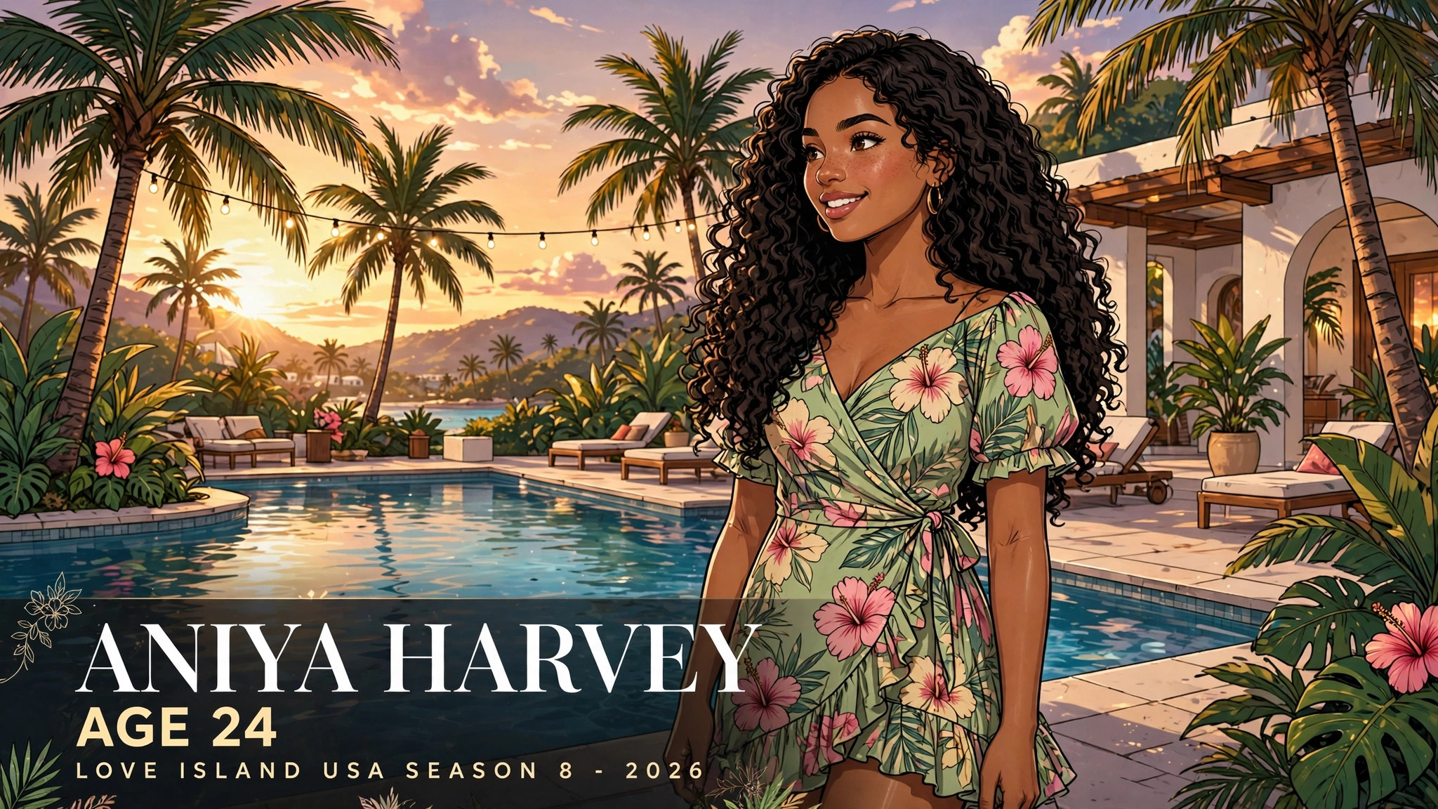 Aniya Harvey Age title card — illustrated portrait-style graphic of the Love Island USA Season 8 star with her name and age on a tropical villa-inspired background
