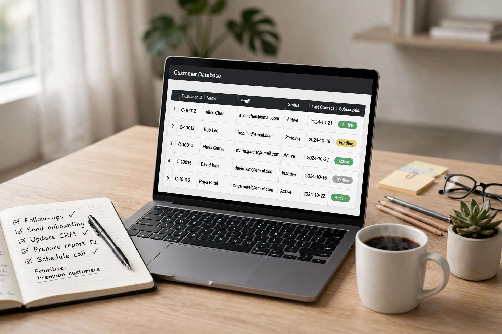 Laptop showing a clean customer database with consistent company names — brand name normalization rules guide