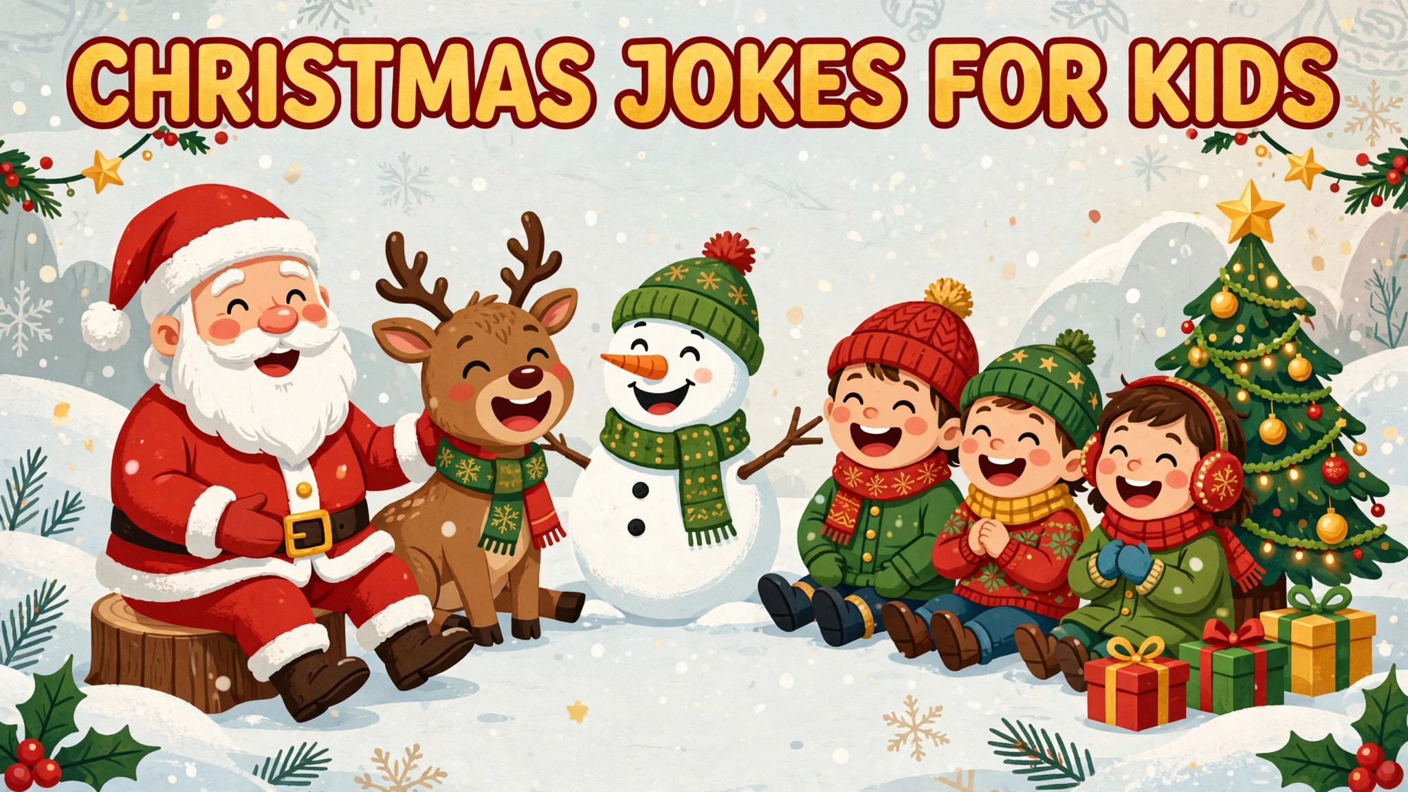 Cartoon Santa telling jokes to laughing kids beside a Christmas tree, colorful children's illustration