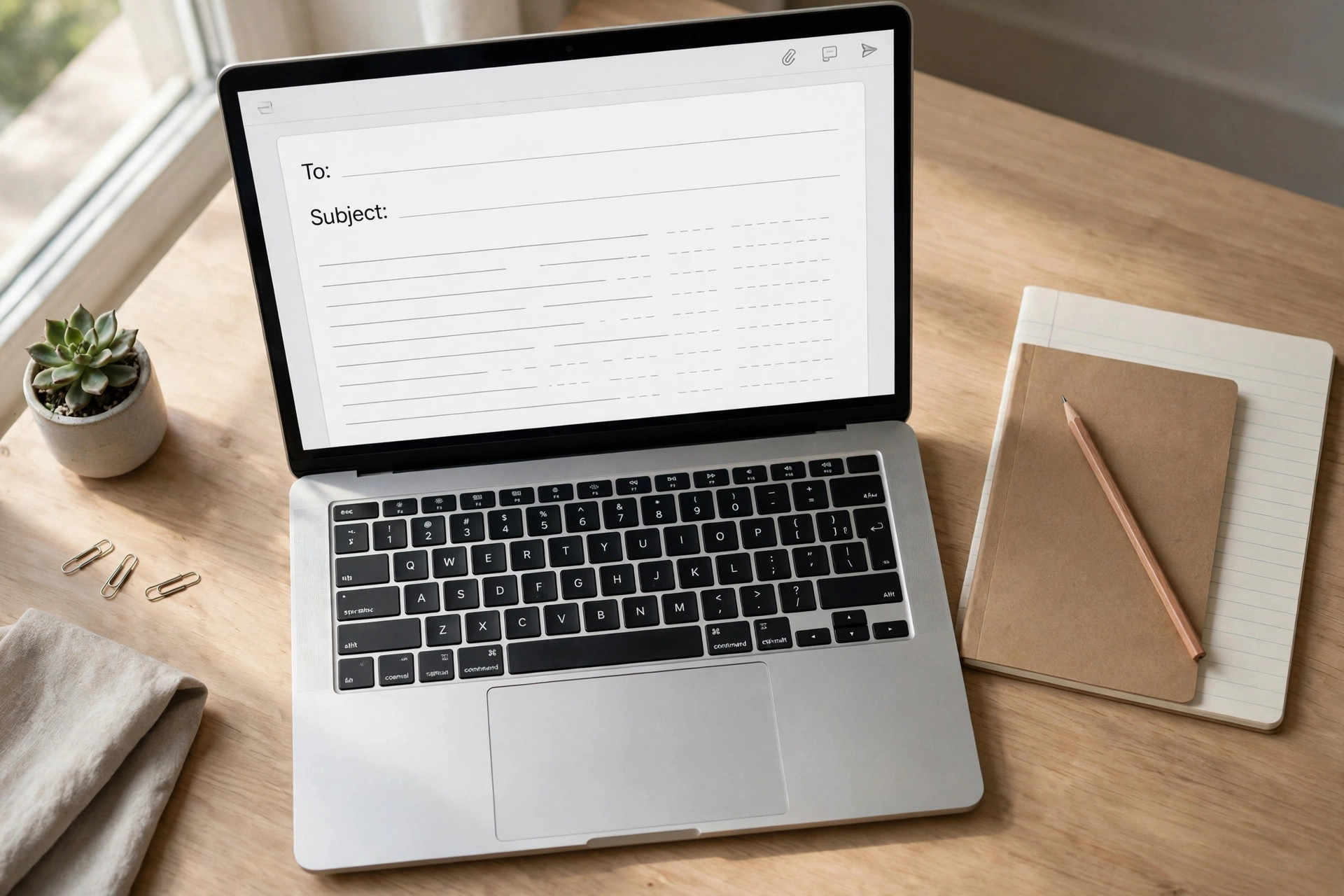 Laptop showing a short email with gaps to complete, with a notebook beside it