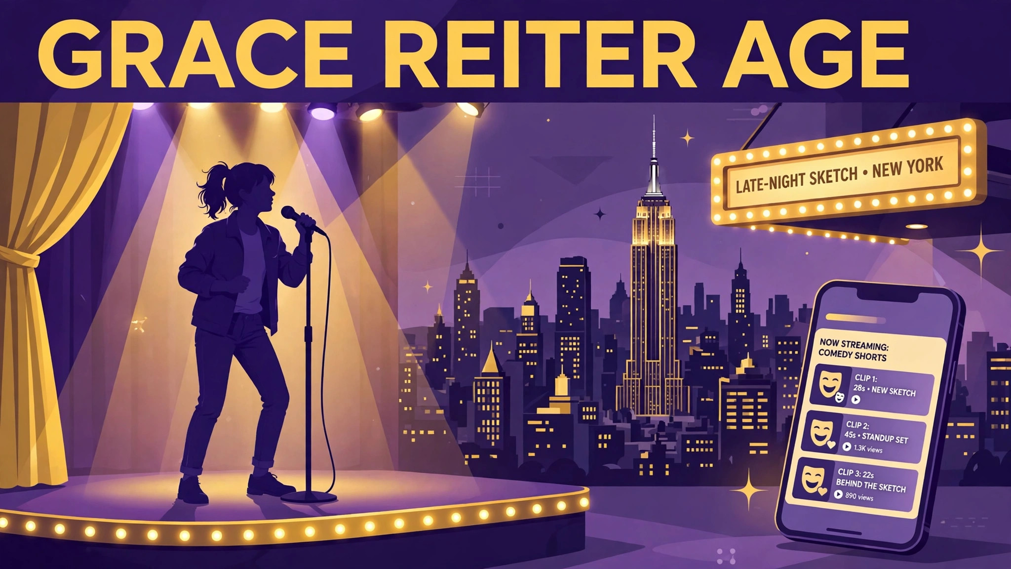 Illustration of a young comedian performing on a New York stage — Grace Reiter age and biography