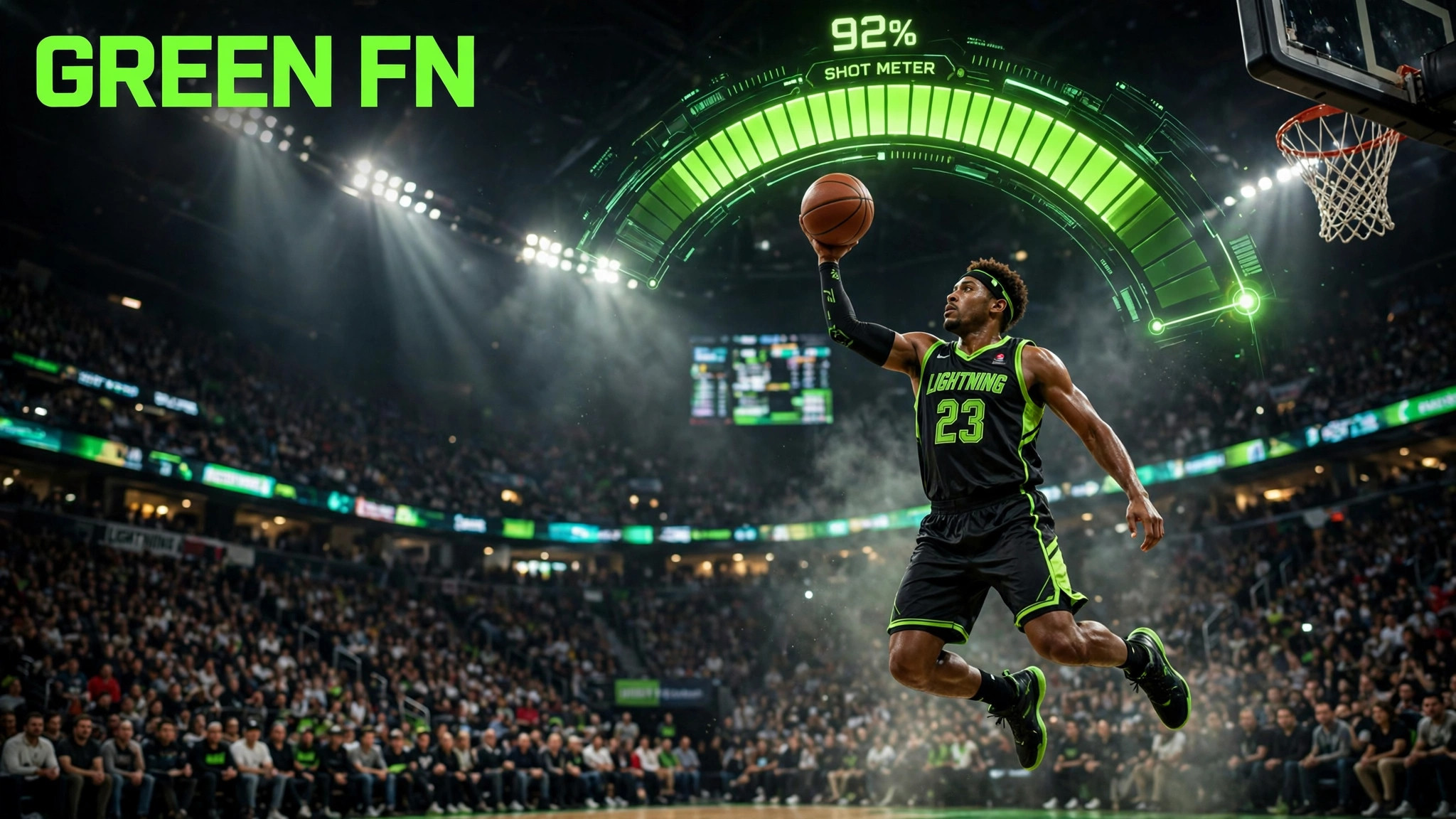 Photorealistic basketball player taking a shot under a glowing green shot meter in a packed arena — Green FN meaning