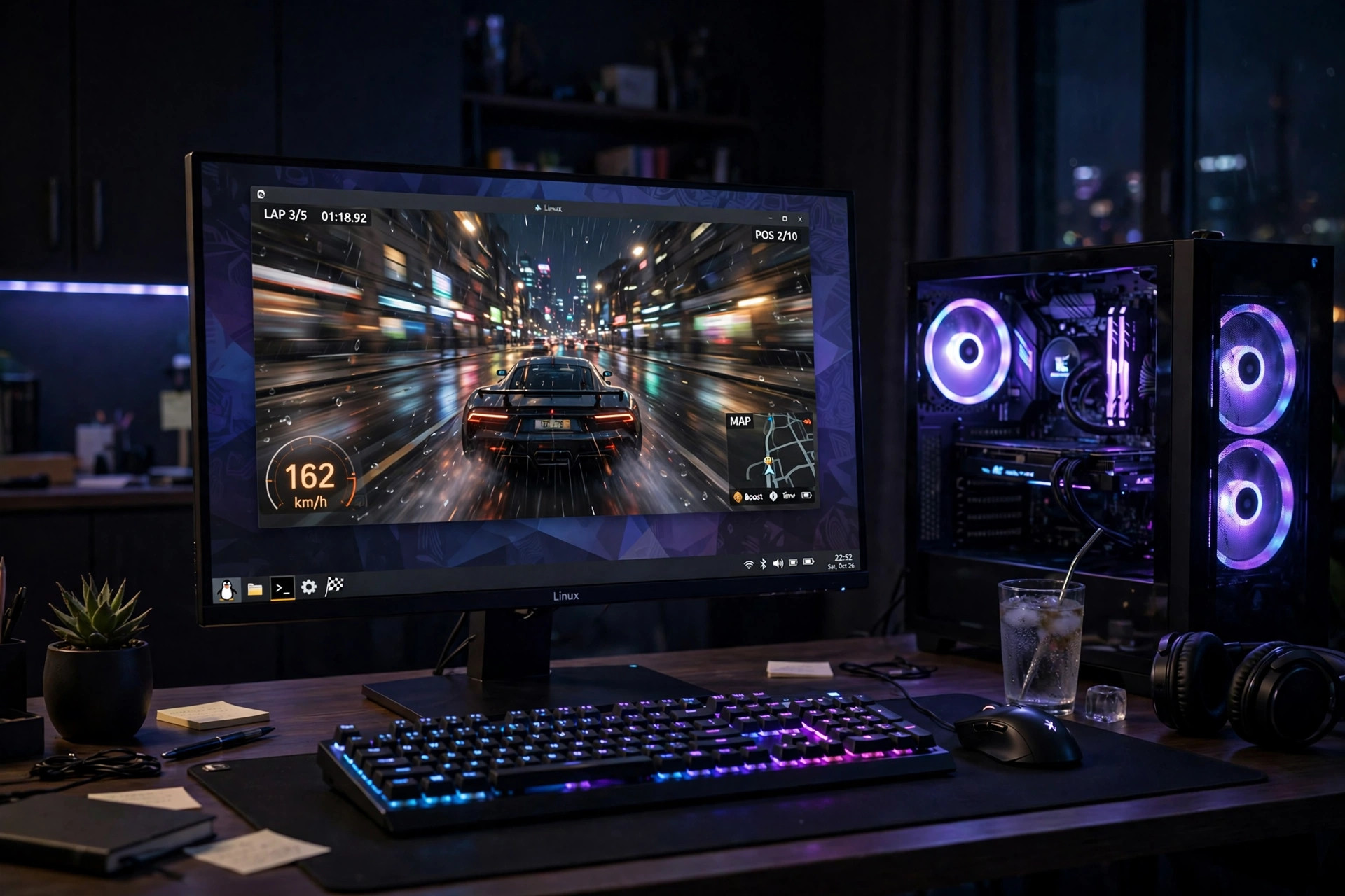 Gaming PC running a game on Linux with performance overlay visible — Linux gaming FPS hacks 2026 guide