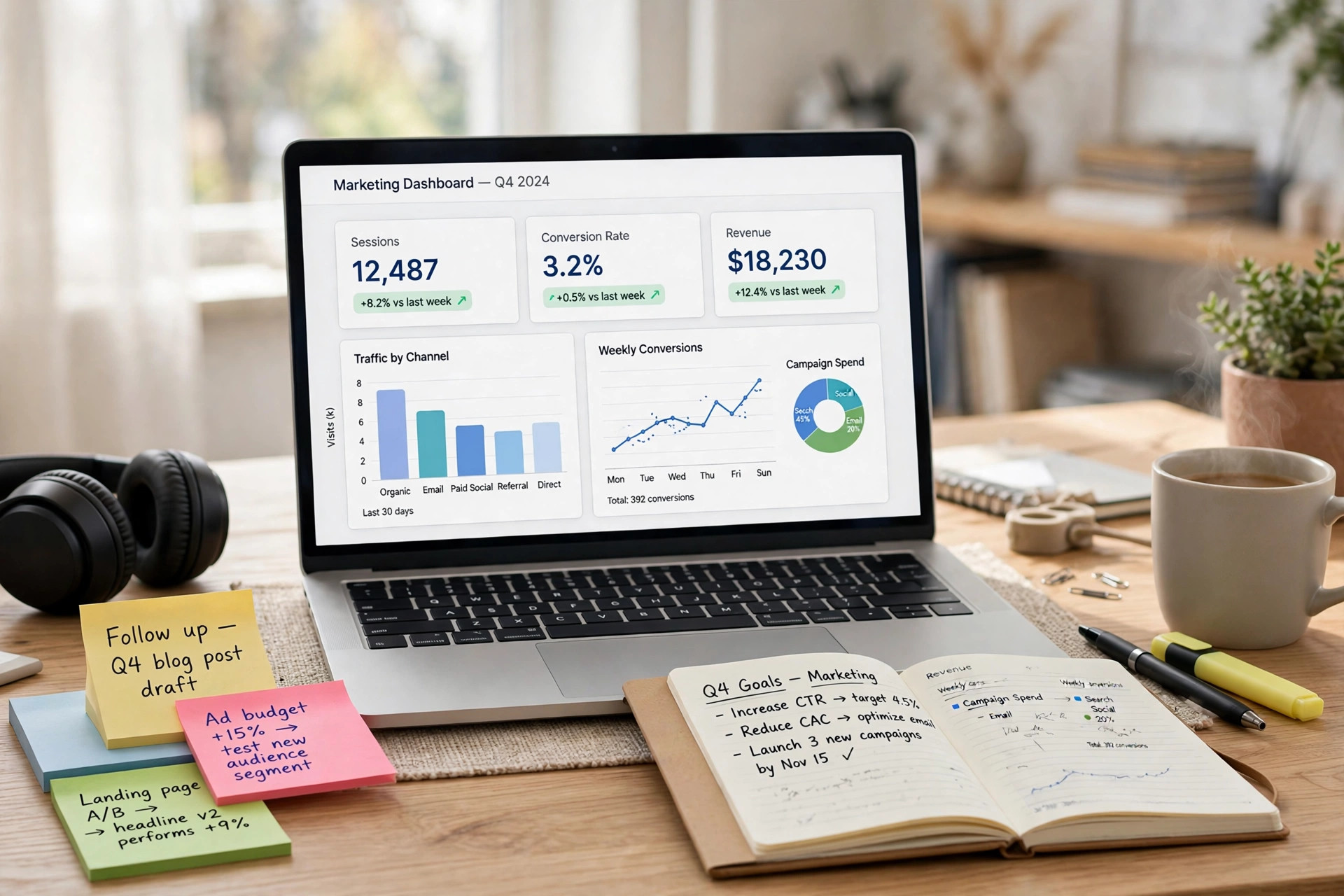 Workspace with a marketing dashboard and planning notes — marketing fundamentals for beginners