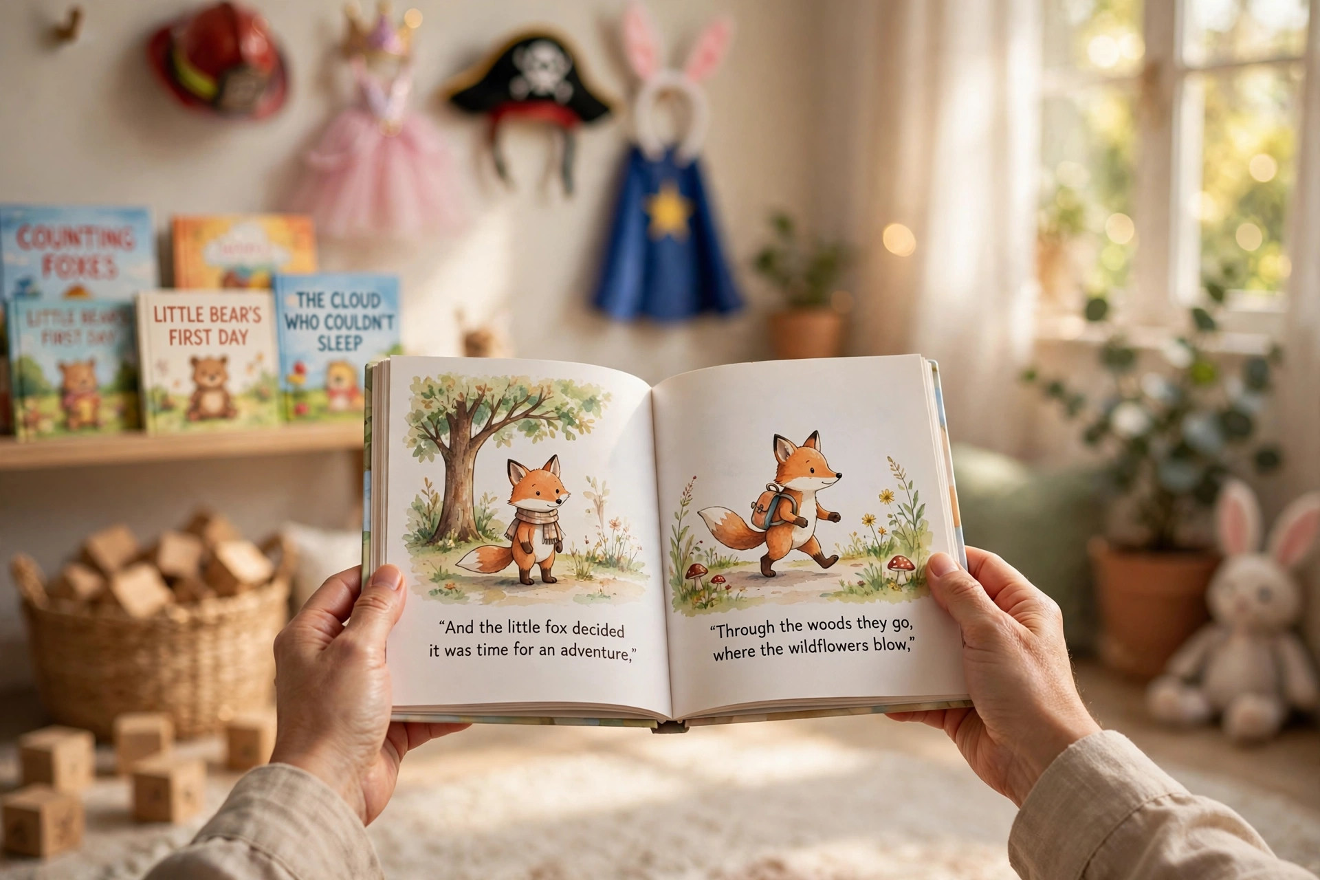 Nursery reading corner where children listen to a story surrounded by blocks and play props