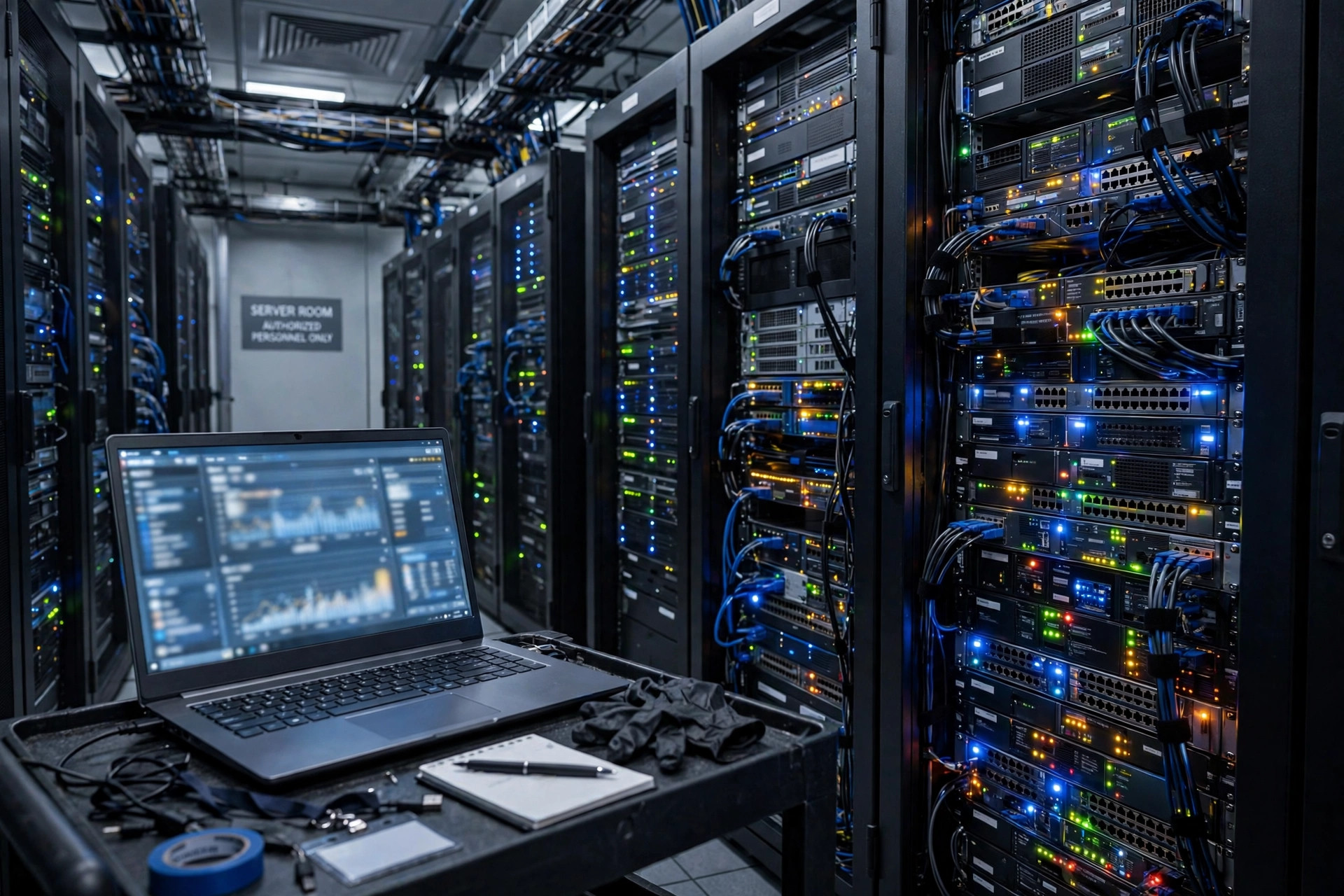 Server room with monitoring dashboard on a laptop — platform event trap explained for sysadmins