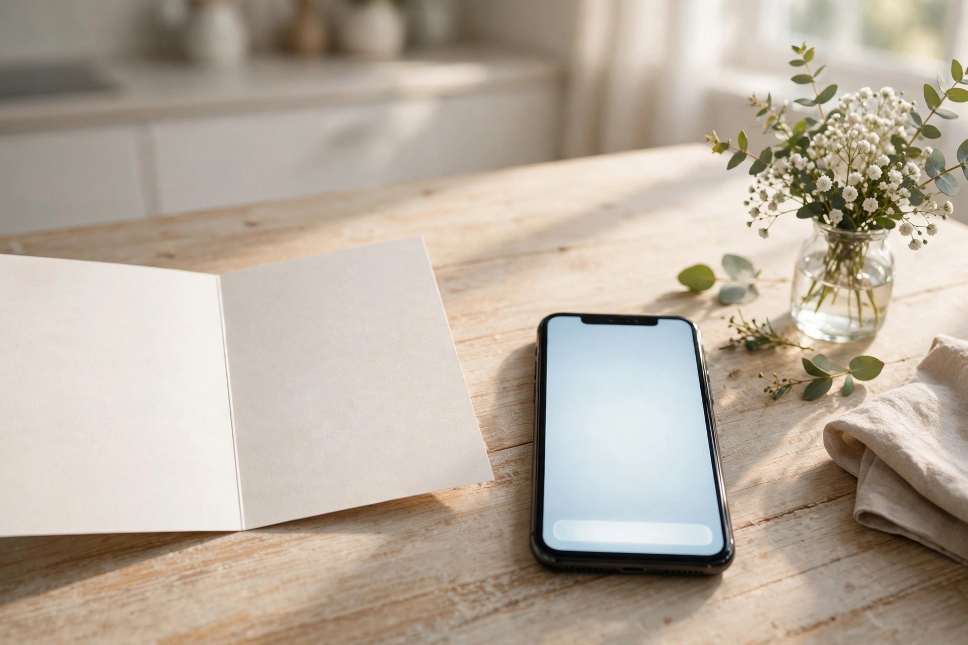 Open greeting card and phone with blank message screen on a bright kitchen table