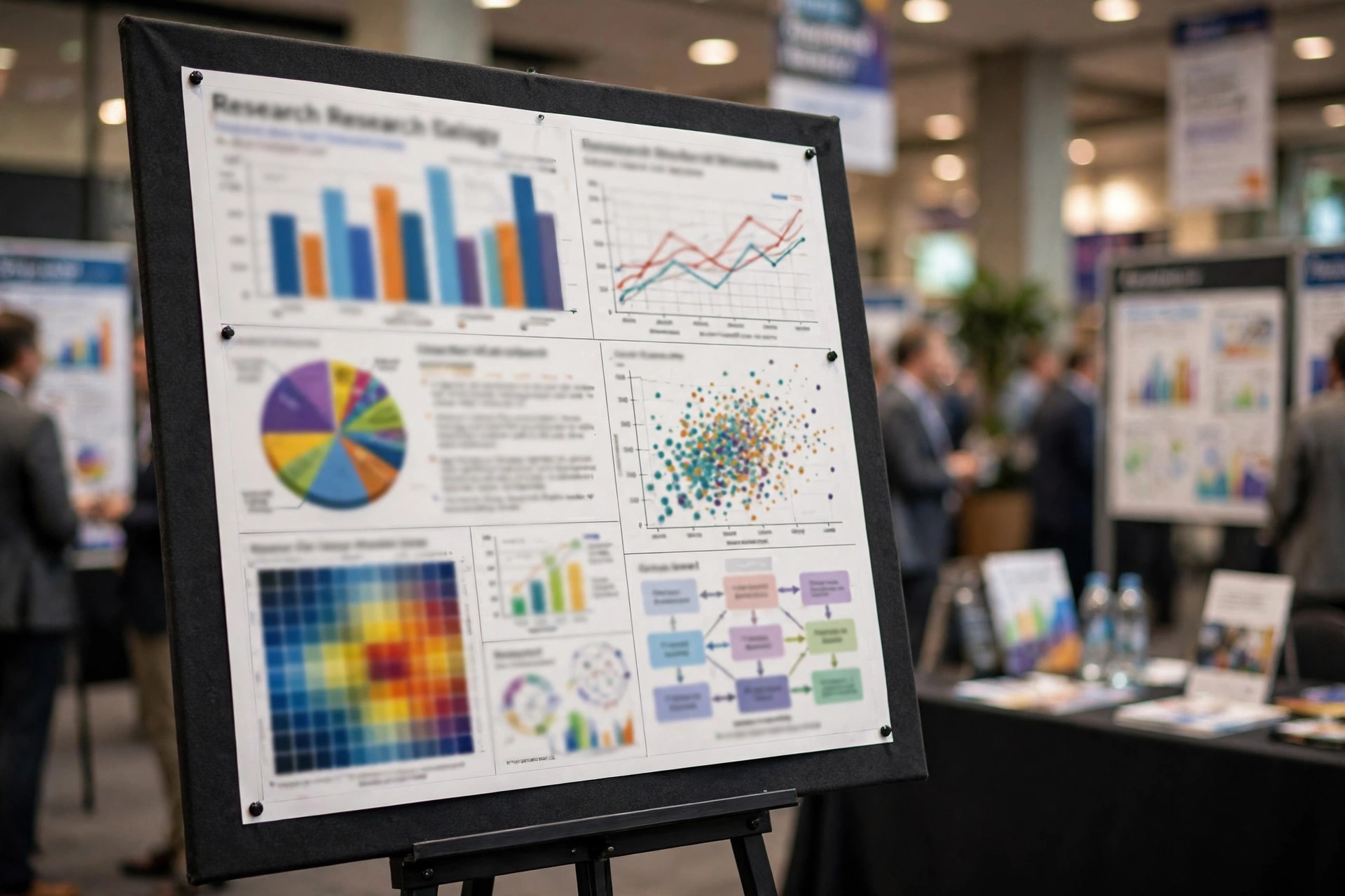 Research poster on a conference display board with charts and visitors nearby — research poster design guide
