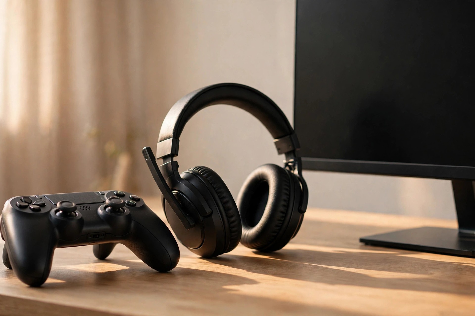 Gaming controller, headset and monitor on a clean desk