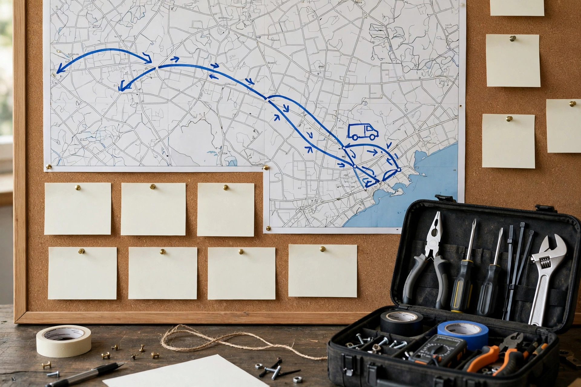 Dispatch planning board with a map and job cards for field technicians