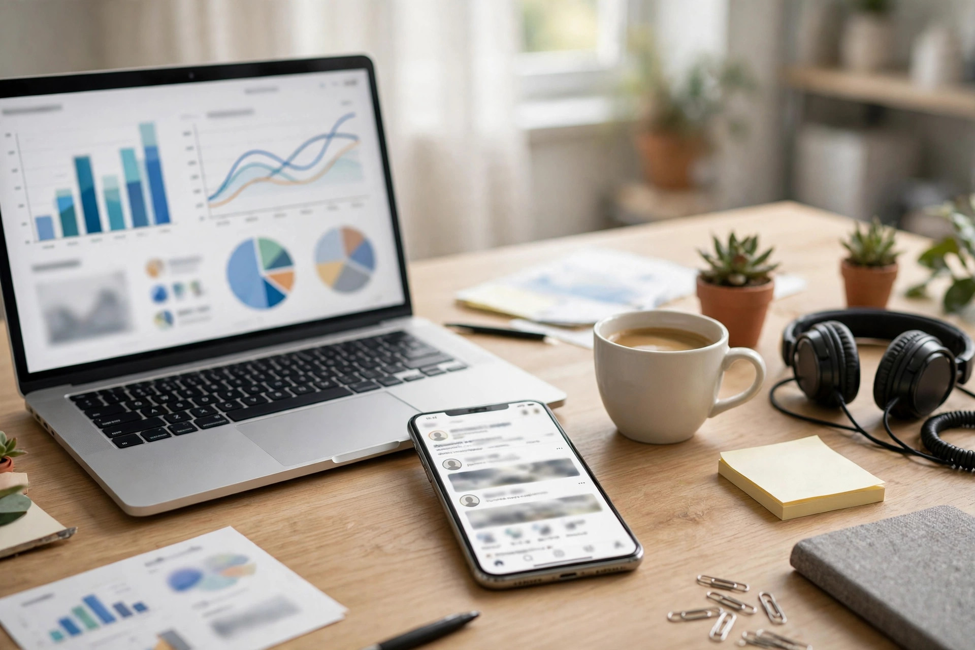 Laptop with analytics charts beside a phone showing a social feed — SMO and SEO services explained
