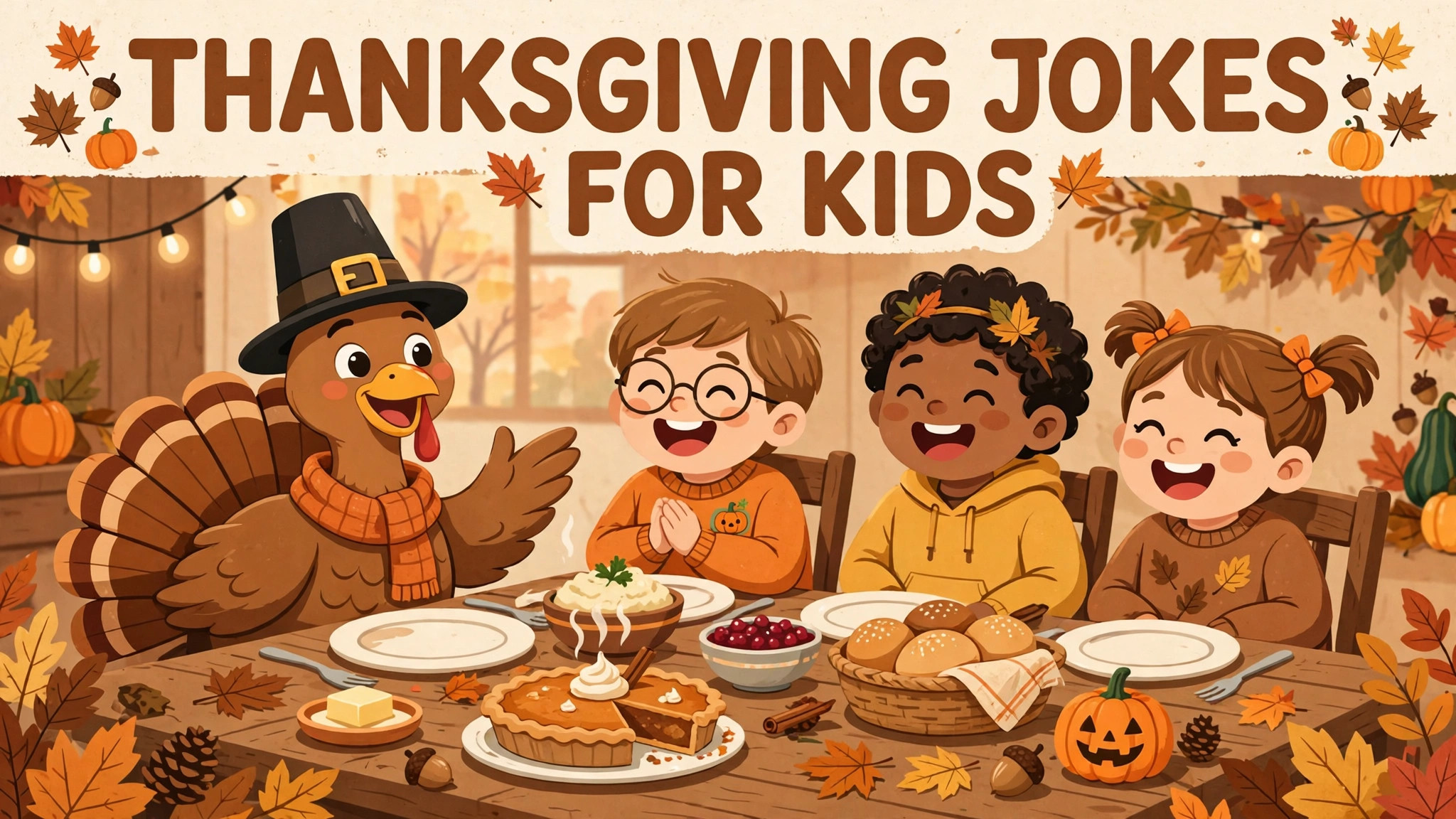 Happy cartoon turkey wearing a pilgrim hat telling Thanksgiving jokes to laughing kids around a family dinner table with pumpkin pie
