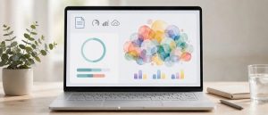 Laptop showing a word counter dashboard with a word cloud