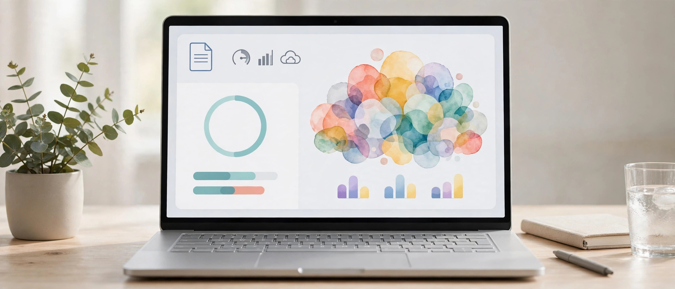 Laptop showing a word counter dashboard with a word cloud