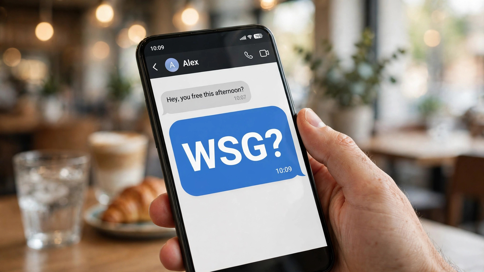 Photorealistic photo of a hand holding a smartphone showing a chat with a large "WSG?" message bubble — WSG meaning in texting